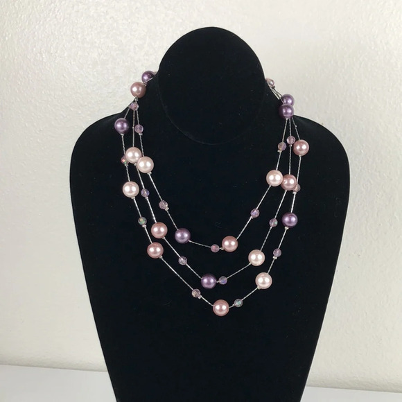 Faux Pearl Rhinestone Necklace Purple & Champagne On Silver Tone Chain - Picture 3 of 16